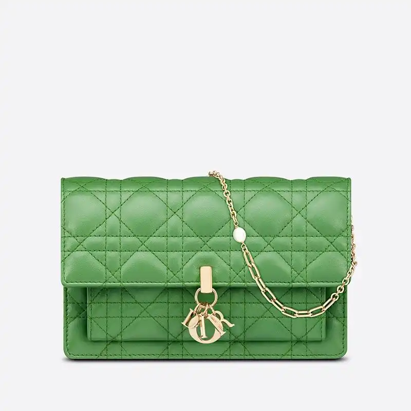 Cheap Lady Dior Chain Pouch Cannage Lambskin Green 0123