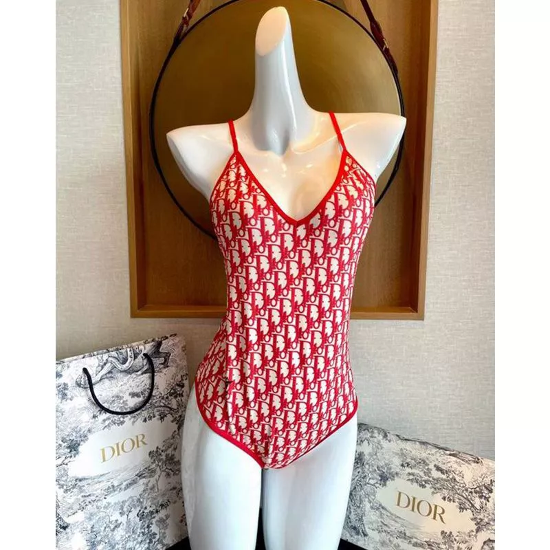 Dior Crisscross Swimsuit Women Oblique with Bee CD Motif Lycra Red 0117