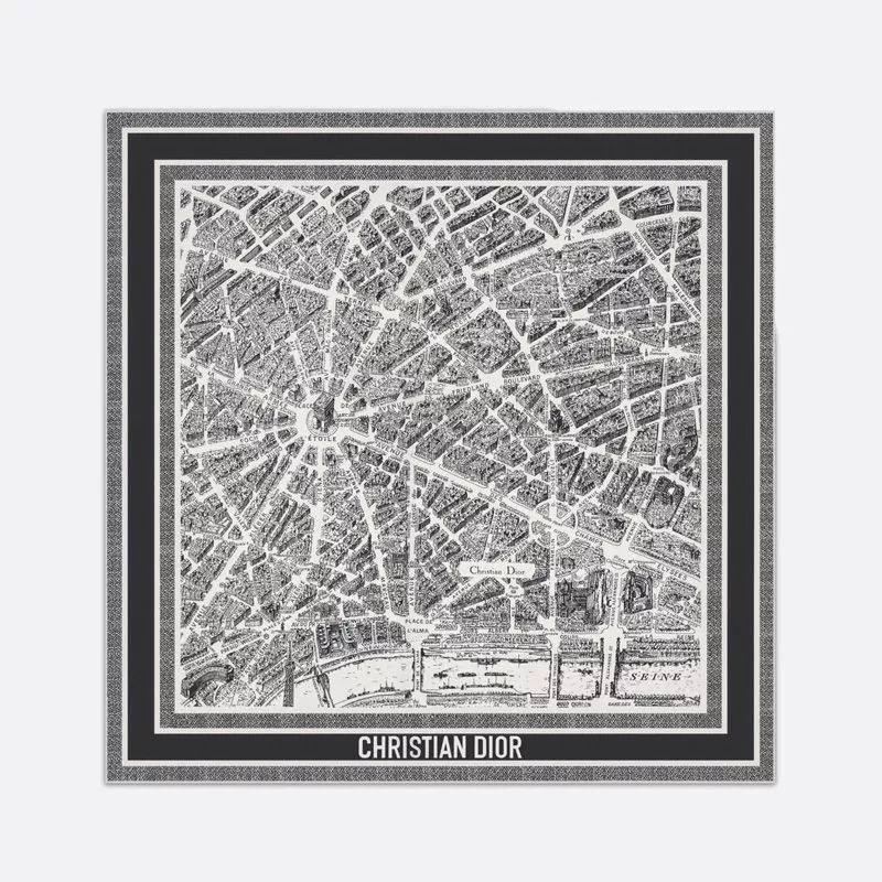 Dior Square Scarf Plan de Paris Motif Silk White 0112