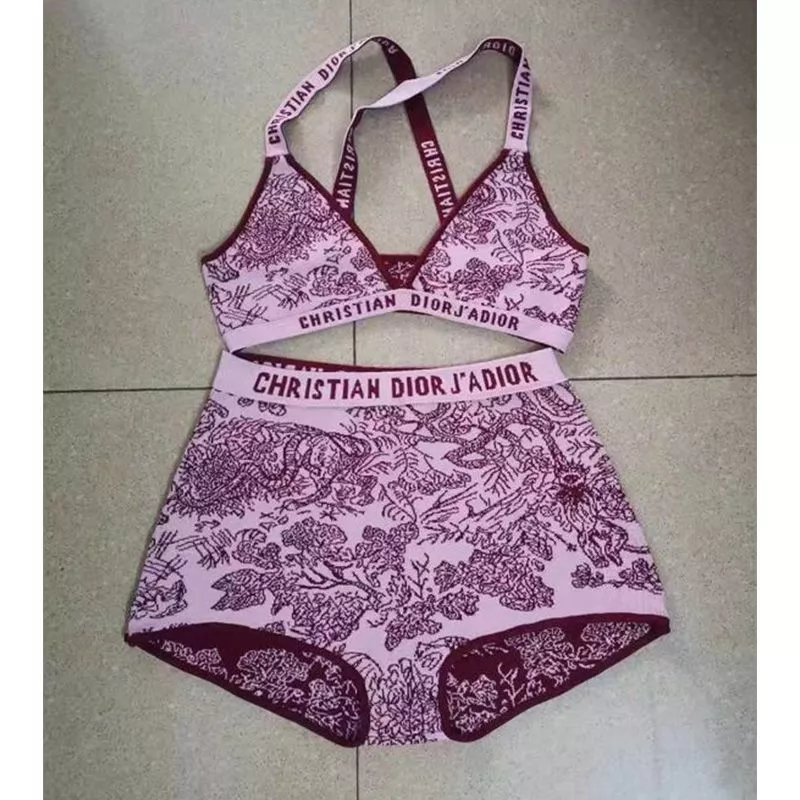 Christian Dior J'Adior High Waisted Crisscross Bikini Women Toile De Jouy Motif Lycra Burgundy 0112