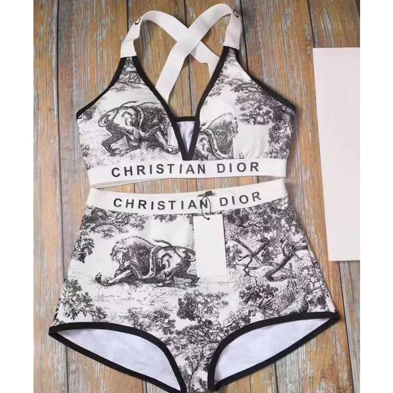 Christian Dior High Waisted Crisscross Bikini Women Toile De Jouy Motif Lycra White 0112