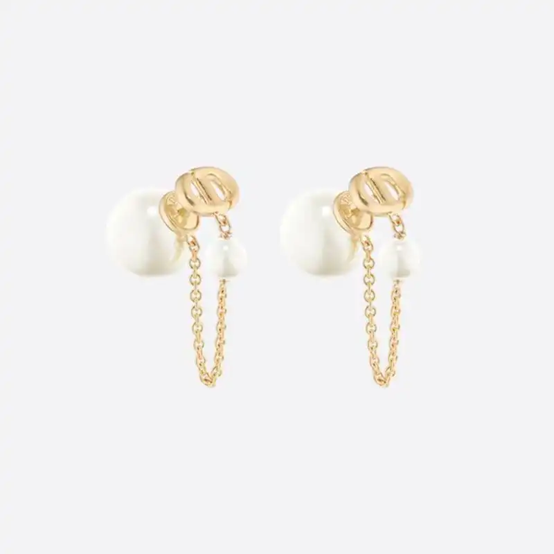 Cheap Dior Tribales Earrings Chain Metal And White Resin Pearls Gold 0127