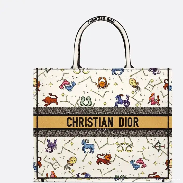 Cheap White Tote Motif Book Canvas Pixel Dior Zodiac 0216