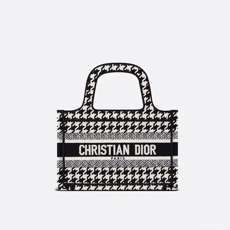 Cheap Black Macro Houndstooth Canvas Mini Motif Dior Book Tote 0219